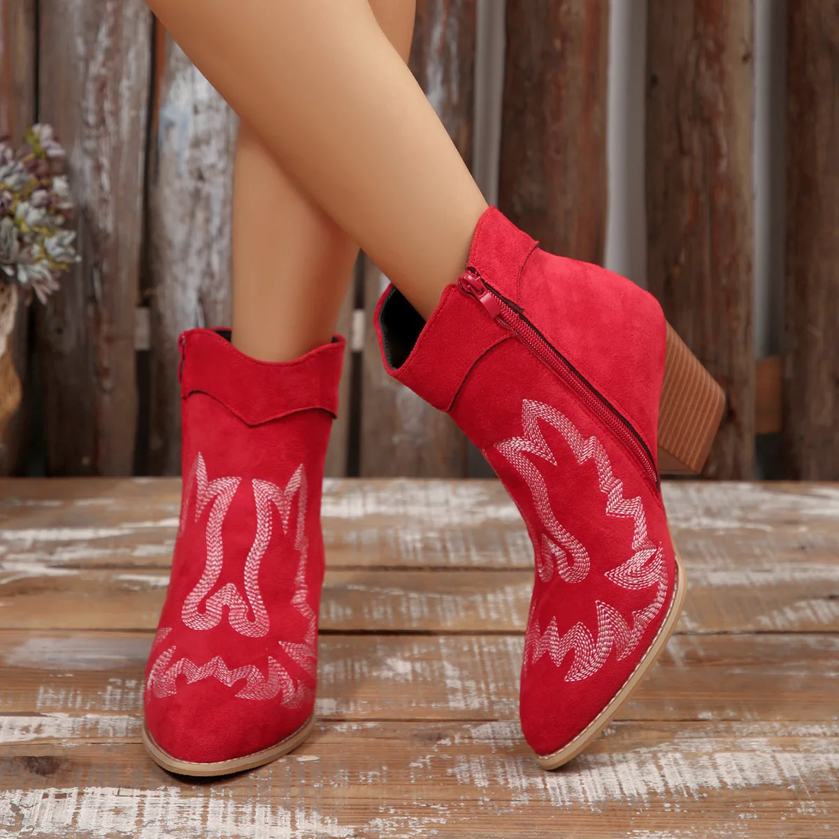 

Western Boots for Women Lace Up Women's Thick Heel Pointed Toe Ankle Boots Pu Slim Short Boots Embroidered Botines Para Mujeres