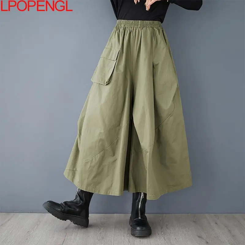 New Woman Irregular Three-dimensional Stitching Pocket Hakama Spring And Summer Elastic Waist Straight Oversized Wide Leg Pants