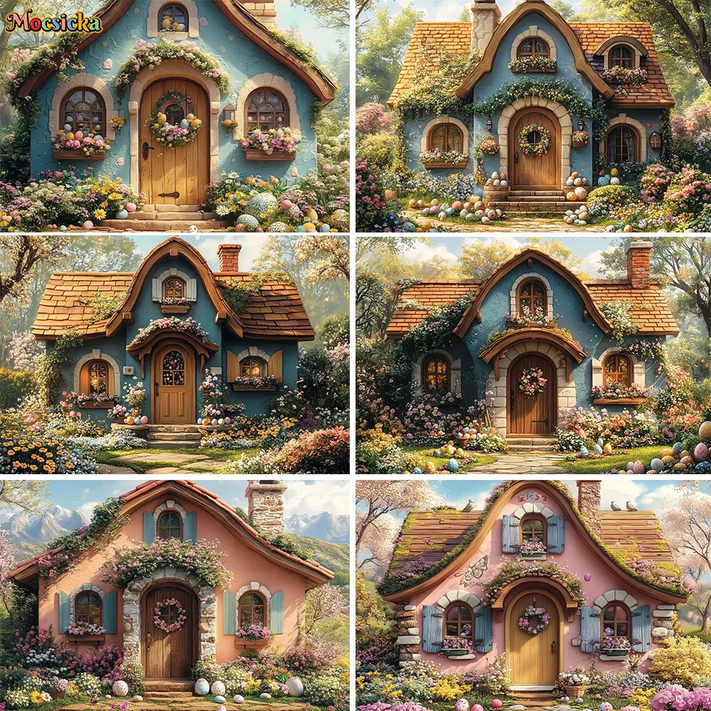 Mocsicka Easter House Background Photography Spring Fairyland Flower Egg Photo Backdrop Kid Birthday Party Baby Shower Photocall