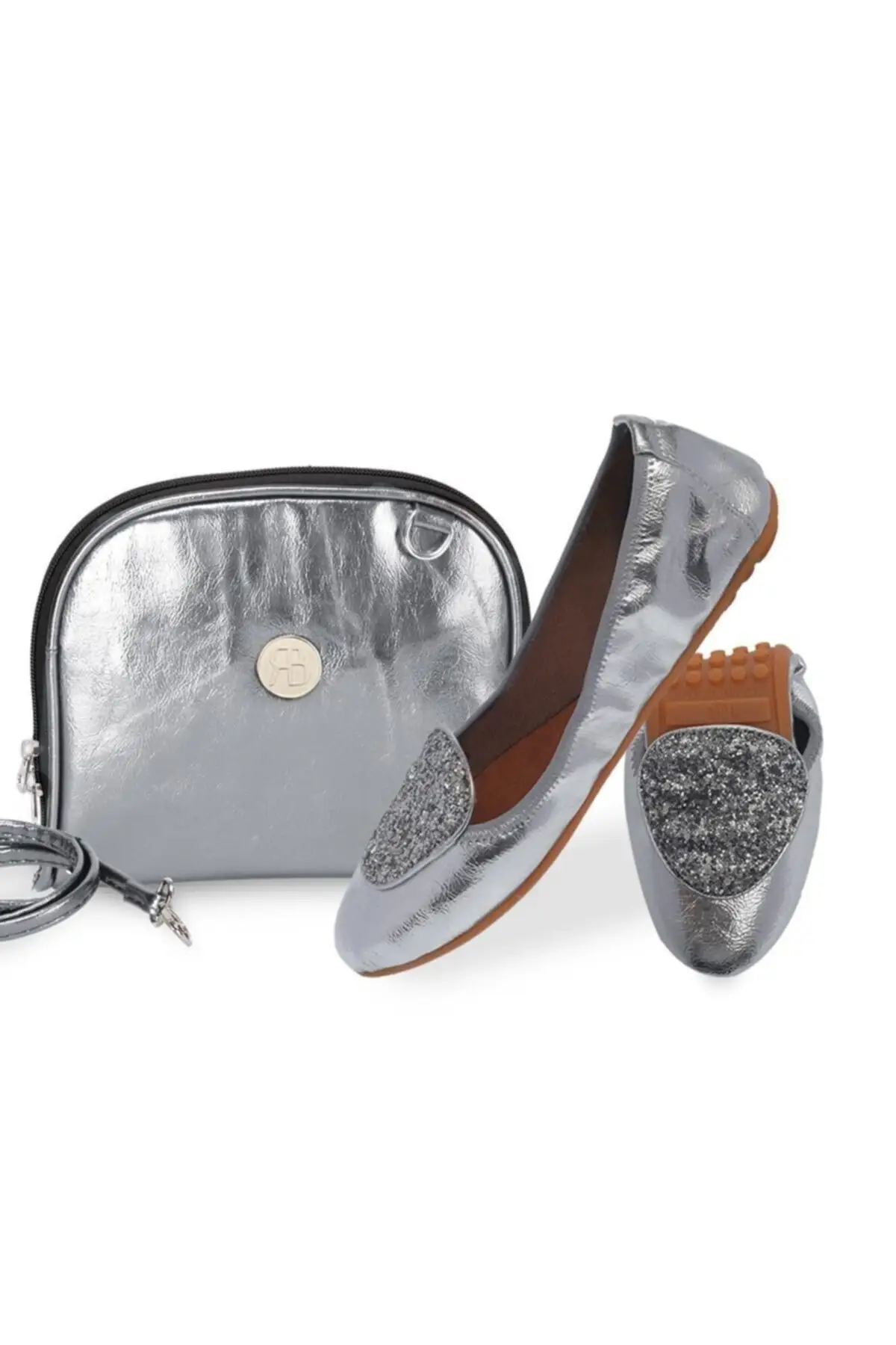 Women's Silver Elegance Crystal Foldable Ballerina Shoes Bag Set