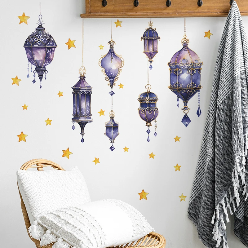 Ramadan Wall Stickers Moon Star Lantern DIY Wall Decal Ramadan Kareem Decoration For Home 2024 Islamic Muslim Mural Eid Mubarak