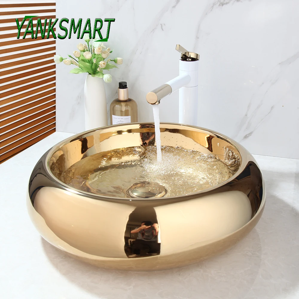 

YANKSMART Round Gold Polished Bathroom Ceramic Lavatory Bath Combined Mixer Washbasin Vessel Sink Faucets Set W/ Pop-up Drain