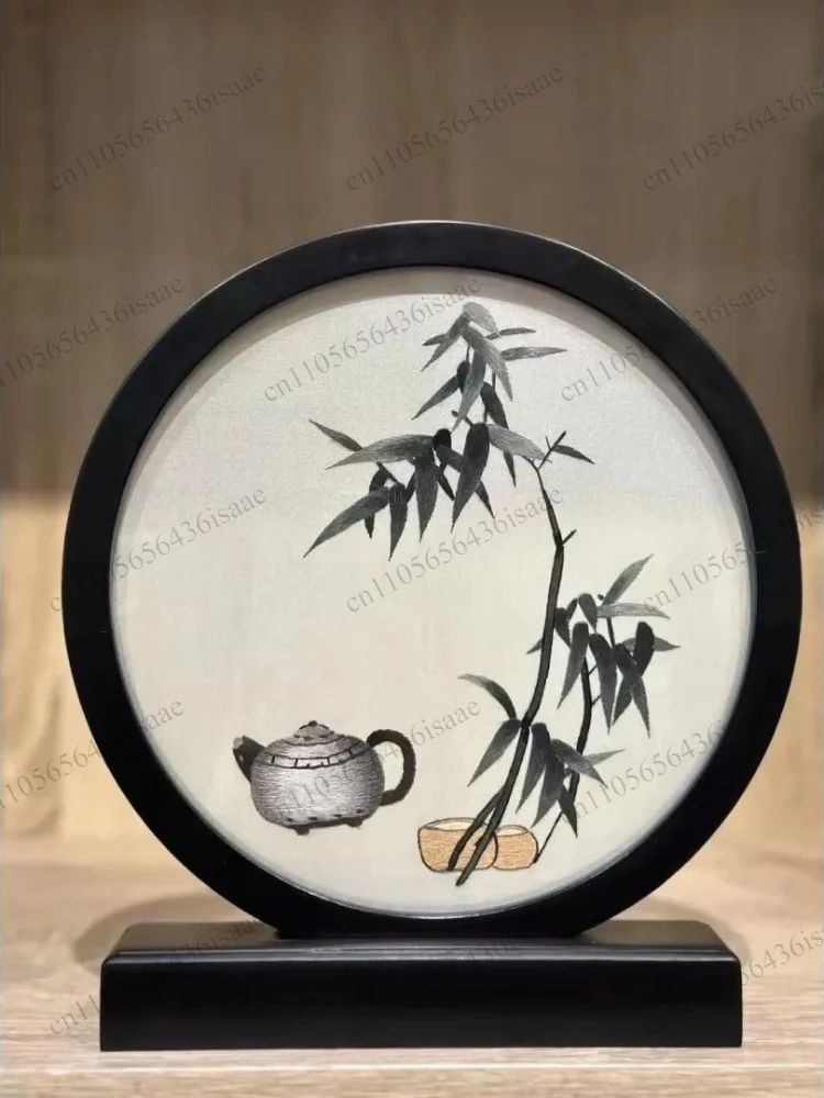Traditional Chinese Suzhou Silk Embroidery Table Screen, Elegant Desktop Craft Ornament for Home Office Decoration & Gift