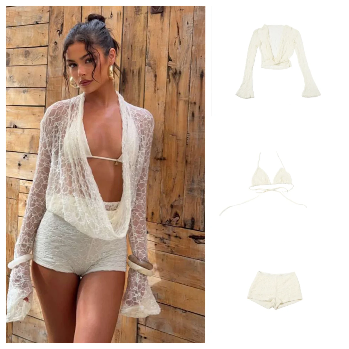 

3 Piece Set Solid Transparent Cleavage Backless Short Suit Streetwear y2k Lace Smock T-shirt Flared Full Sleeve Bandage Cardiga
