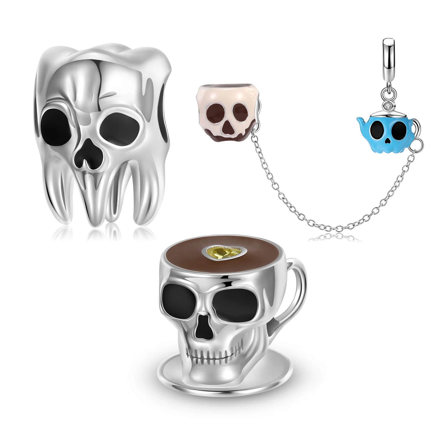 JIUHAO 925 Sterling Silver Enamel Skull Coffee Cup Drink Bead Charm Safety Chain for Original Bracelet Bangle Women Fine Jewelry