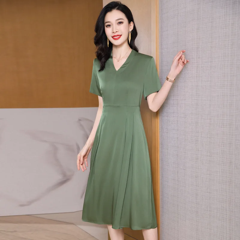 Heavy Natural Mulberry Silk Women\'s Dress Medium Long Fashion New Solid V-neck  Clothing Women  Dress  Summer Party Dress