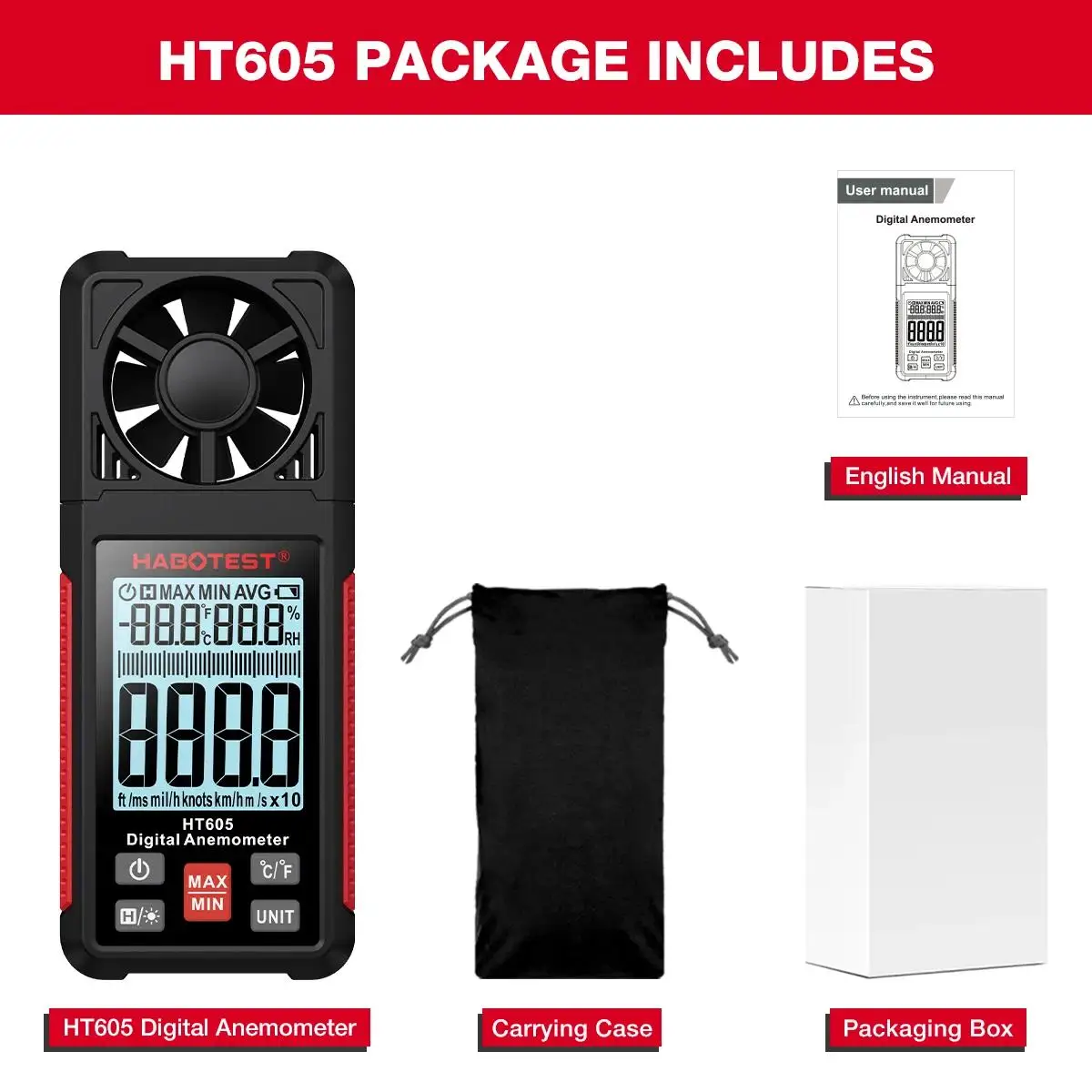 HABOTEST HT605 Digitale Anemometer Draagbare Windsnelheidsmeter Windmeter LCD Backlight Display Temperatuur-vochtigheidsmeter