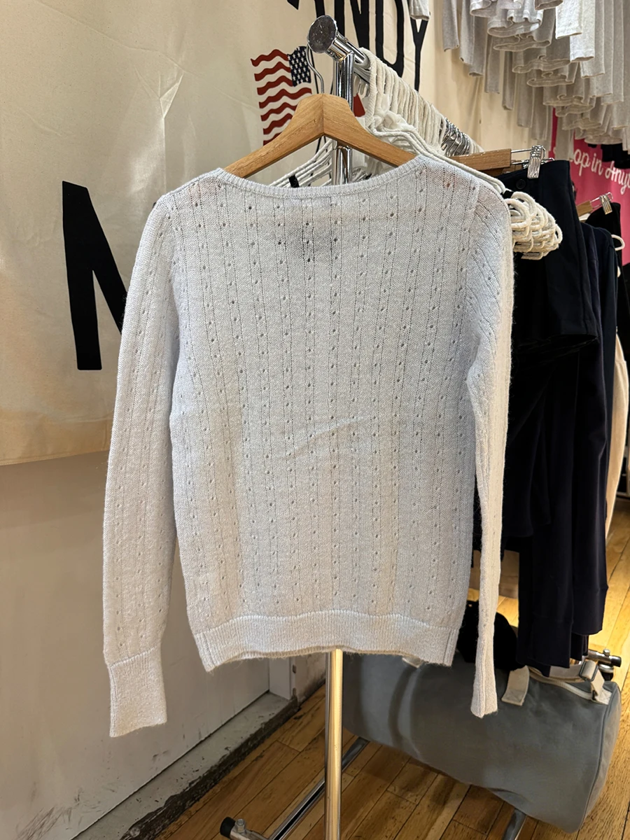 Light Blue Eyelet Thin Cardigan T-shirt Women Autumn New Scoop Neck Single Breasted Tees Sweet Casual Knitted Long Sleeve Tops view 4