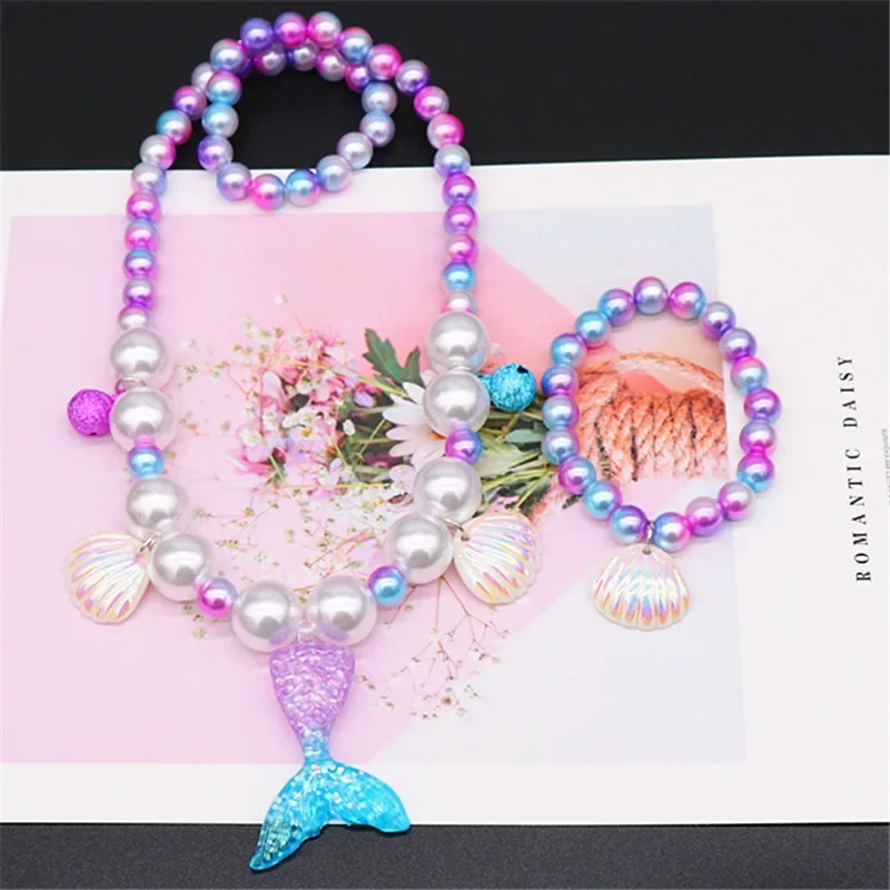 Girl\'s Mermaid Theme Sequin Hair Accessories Mermaid Jewelry Kit Necklace Ring Hair Clips Hair Rope Cure Jewelry Gift For Kids