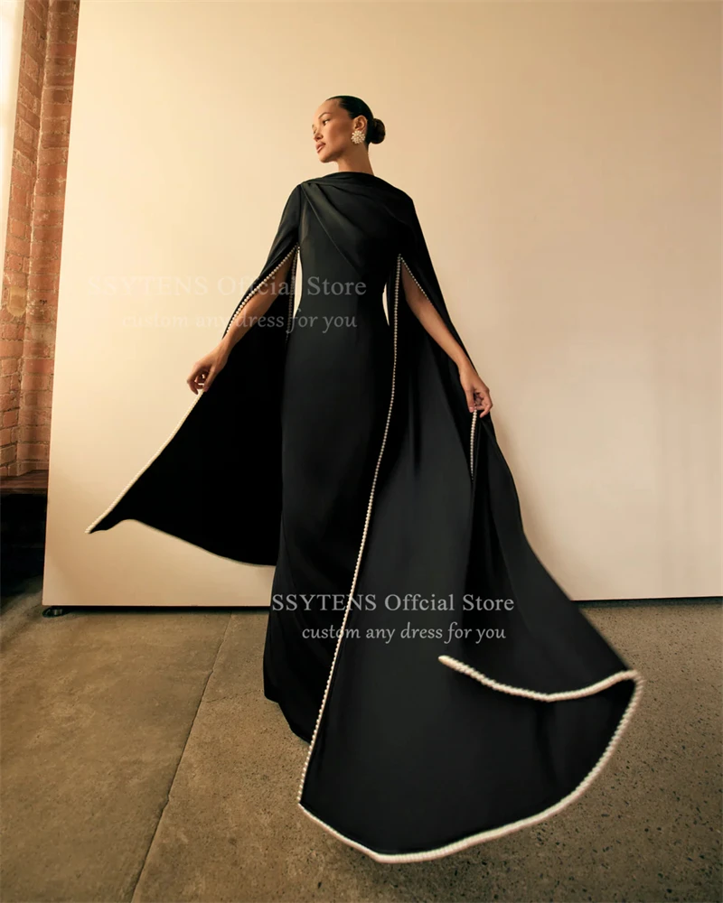 SSYTENS elegante vestido de fiesta de boda negro una línea perlas mangas largas vestidos de noche Arabia Saudita vestidos de noche formales de lujo