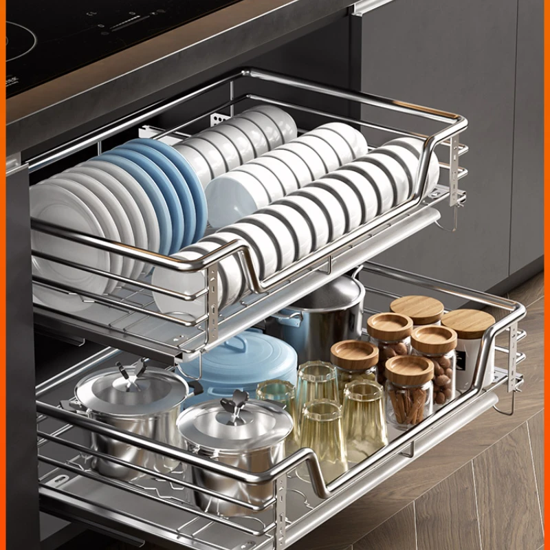 

Stainless Steel Double-Layer Drawer Bowl Bar Pull Blue Cupboard House Dish Rack Single-Layer Bowl Rack