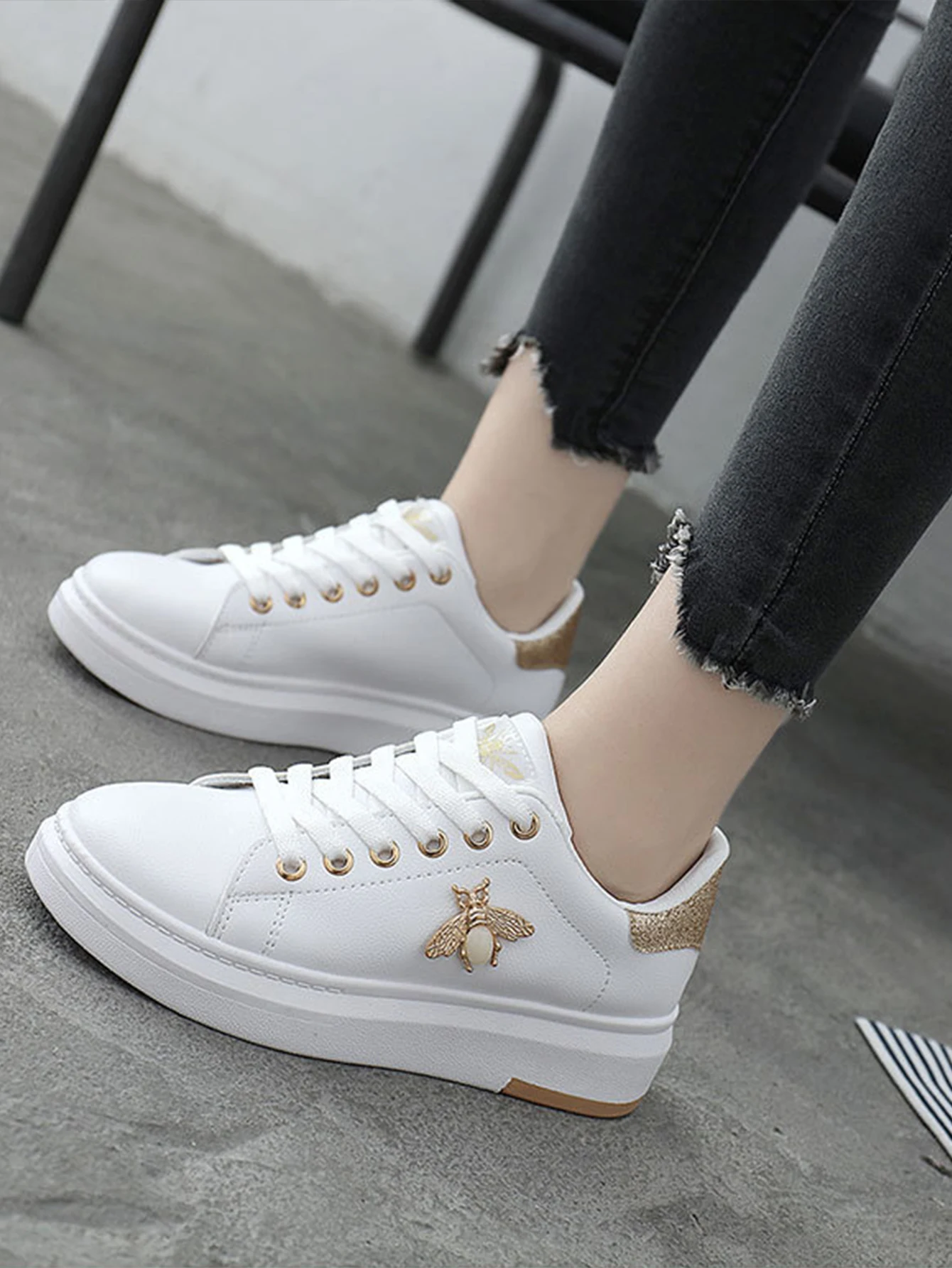 Women Gold Casual Round Toe Thick Bottom Non-slip Sneakers,Elegant Preppy Fashion Valentine Board Shoes