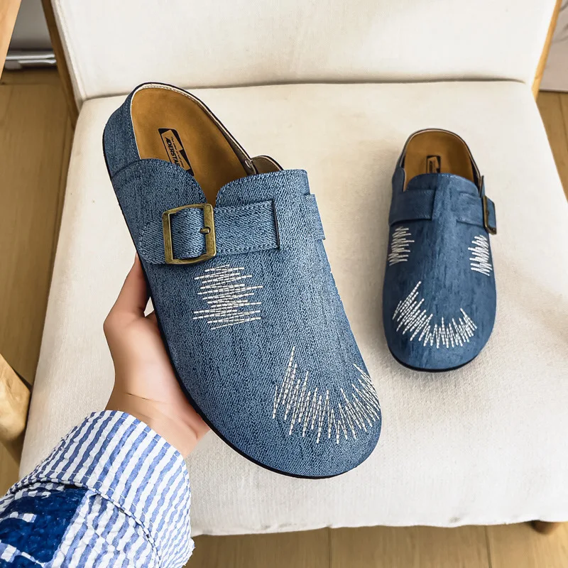 Designer's 2026 Denim Summer New Style Breathable and Fashionable Half Dragged Men's Shoes with Sleek Feet and Simple Sandals
