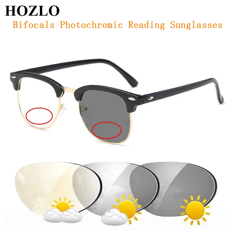 Bifocals Photochromic Gray/Tea Reading Glasses Magnifier Women Men Look Near Far Presbyopic Sunglasses Retro Rivets Half Frame