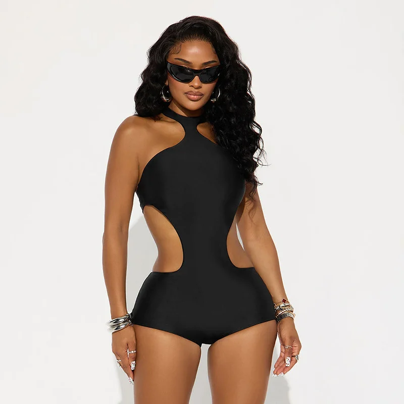 High Neck Sleeveless Hollow Out One‑Piece Swimsuit for Women, Cinched Waist Tight Bodycon Beach Shapewear Bathing Suit