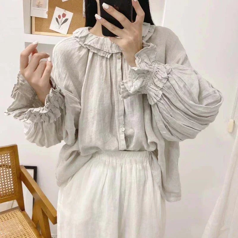 2024 Autumn New Vintage Linen Button Mori Womens Tops And Blouses Ruffles Collar Loose Solid Color Female Shirts