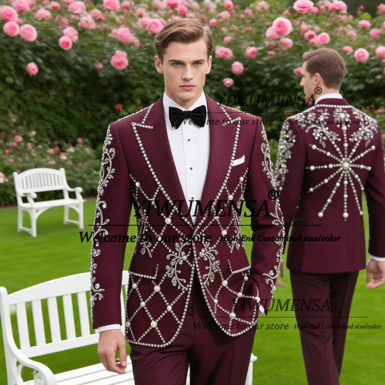 

Luxury Beaded Stones Suits Men 2 Pieces Sets Single Breasted Prom Blazers Customized Man Banquet Wedding Groom Tuxedos Skinny