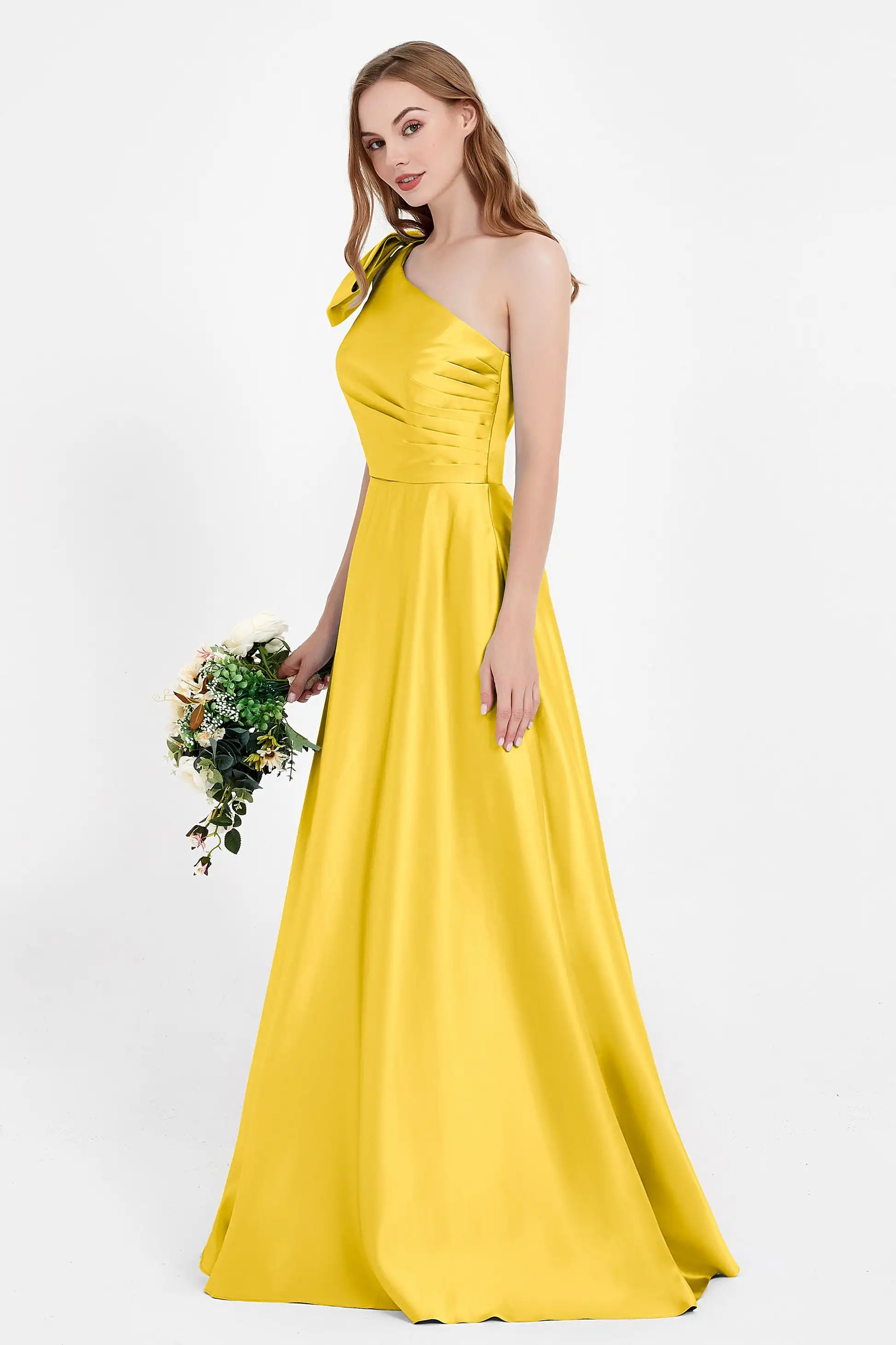 Satin One-Shoulder A-line Bridesmaid Dresses With Bow Simple Sleeveless Backless Long Wedding Guest Gowns Party Evening Dress