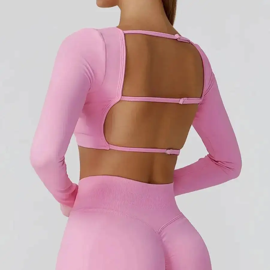 

Женские бесшовные спортивные футболки Fiess, рубашка для йоги с длинными рукавами, сексуальные топы с открытой спиной для бега, быстросохнущий топ