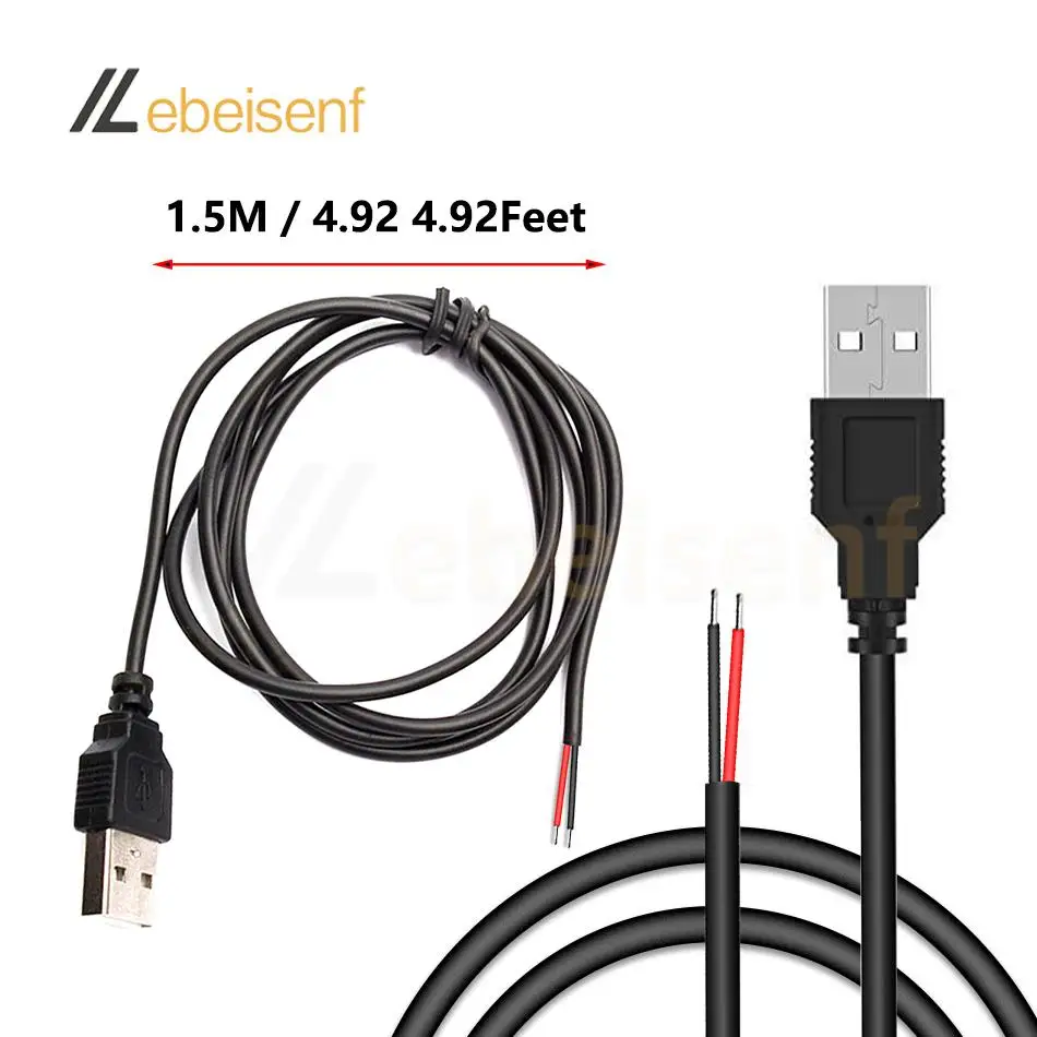 1.5m 5V 2A USB Power Cable Charging Line Male to 2-Pin Welding Wire Stripped Gauge 22 20 AWG 2464 Black PVC USB2.0 2-Core Wire