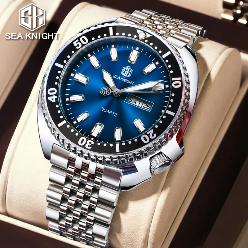 SEA KNIGHT New Fashion Business Quartz Watch for Man Design Rotatable Bezel Luminous Date Week Waterproof Men's Watch Gift