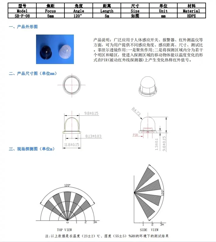 【50PCS】Fresnel lens PIR human sensing 8308-4 011050 SB-F-08 small night light black and white 2-color optional