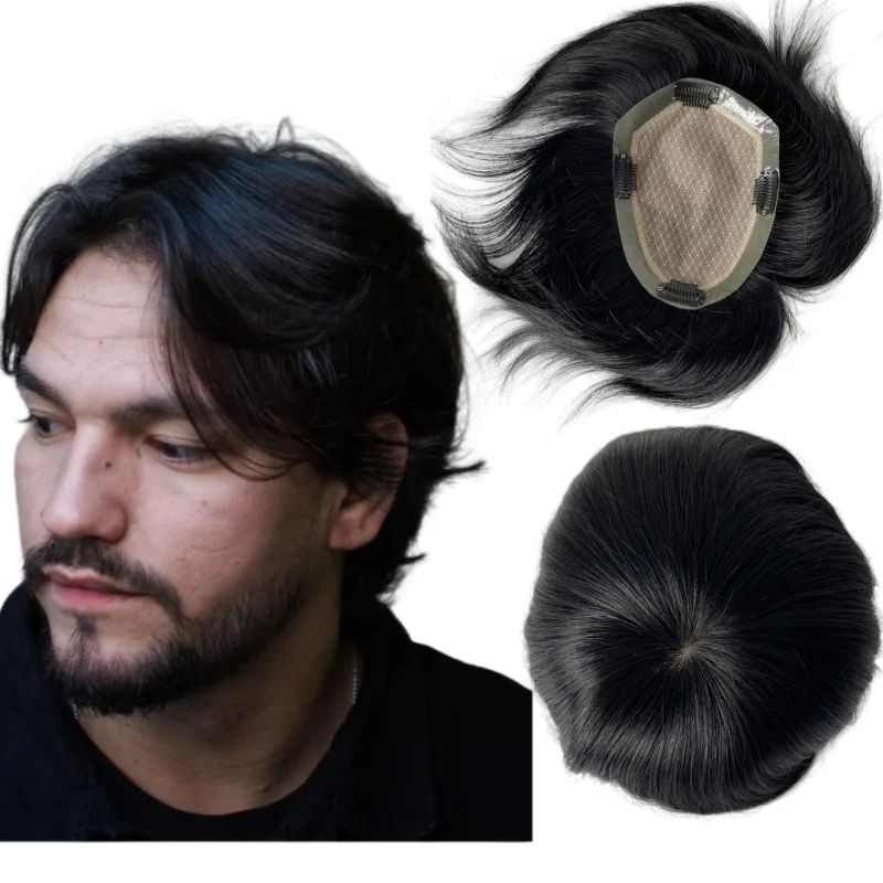 Malaysian Virgin Human Hair Hairpiece #1 Jet Black Color Bone Straight 17x22 cm Clip In Silk Base Toupee for Asian Men