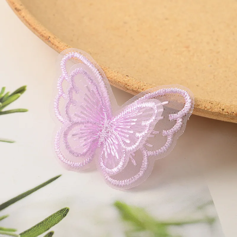 Parche de mariposa de Organza de doble capa, 20 unids/lote, DIY, tela de tul, tocado de mariposa, pegatina, accesorios