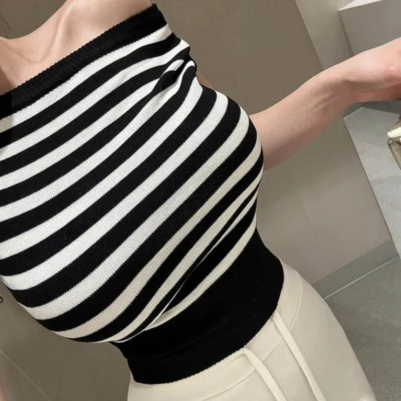 Korean OL tops Slim Sexy Hot Girl Striped Design Versatile Knitted Top T-Shirt Women's Fashion Women Tshirt Tees Fashion RPG8