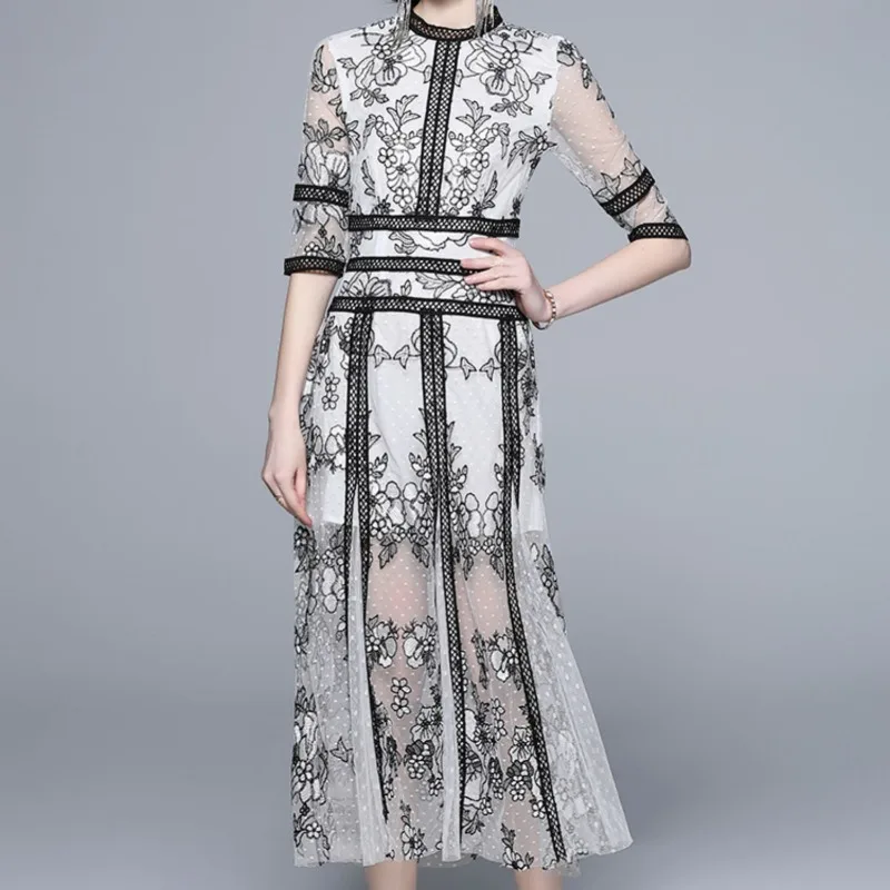 

Floral Embroidery Mesh Dress for Women O-neck Patchwork Dresses Bodycon Runway Design Elegant Vintage Clothing Lady
