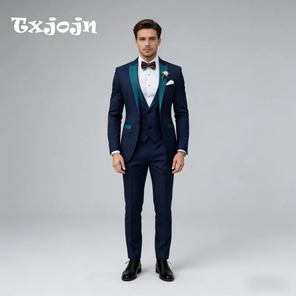 

Exquisite Navy Teal Contrast Men Evening Party 2026 Formal Shawl Lapel 3PCS Suit Set Jacket Vest Pants Evening Party Customized