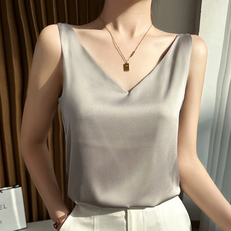 Silk Satin Women Double Shoulder Camisole Tank Top V-neck Sleeveless Top T-shirt Elegant Crop Top Solid Casual Basic 2025 Summer image 6