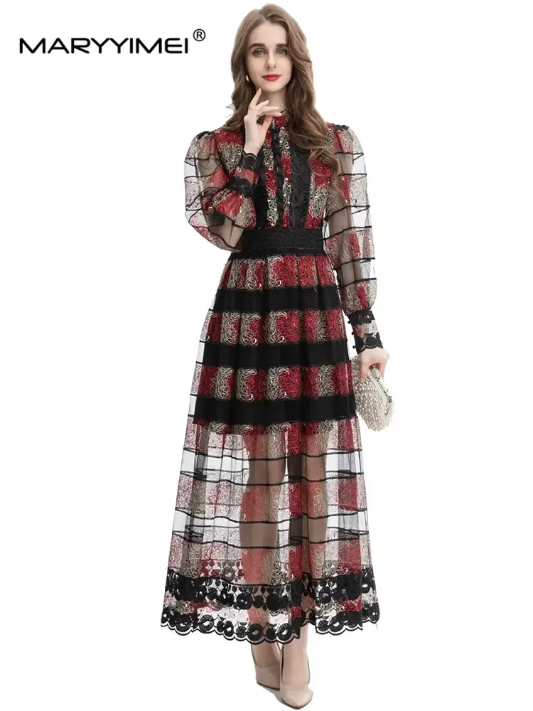 فستان MARYYIMEI أنيق للخريف والشتاء فستان نسائي بياقة واقفة وأكمام واسعة فساتين عصرية للحفلات المجوفة