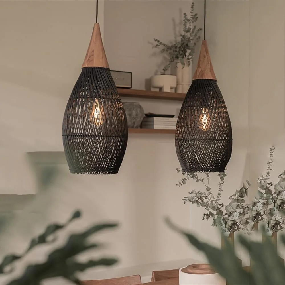 Rattan Pendant Black Wicker Bamboo Cage Dome Chandelier Farmhouse Vintage Rustic Style for Dining Kitchen Island Living Bedroom