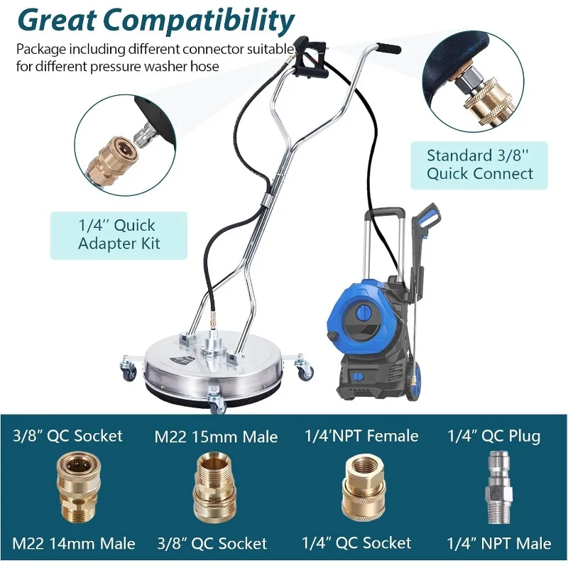 20 inch hogedrukreiniger oppervlaktereiniger, krachtige wasmachine oppervlaktereiniger met dubbele handgreep, 4 wielen, 3/8" connector, 2 mondstukken