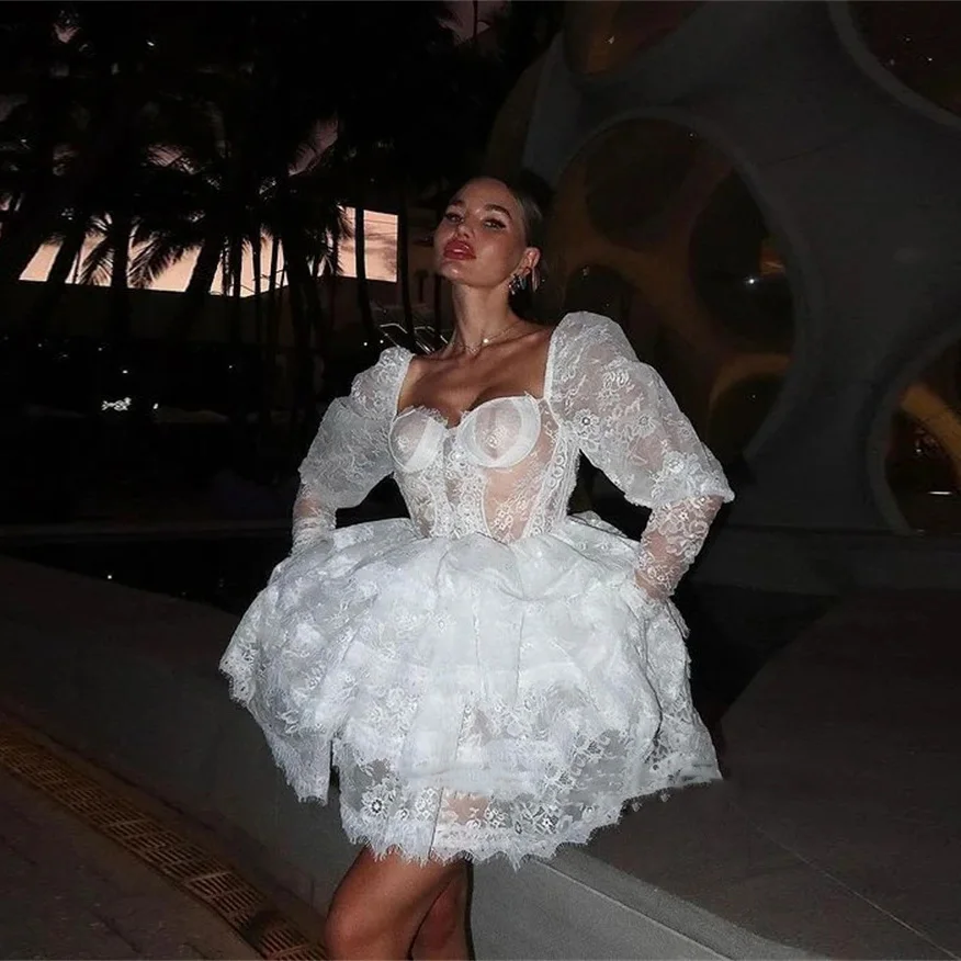 Delicate Lace Prom Dress White vestido de curto Full Sleeves Prom Gowns Tierred Sweetheart Party Dress Above Knee Length