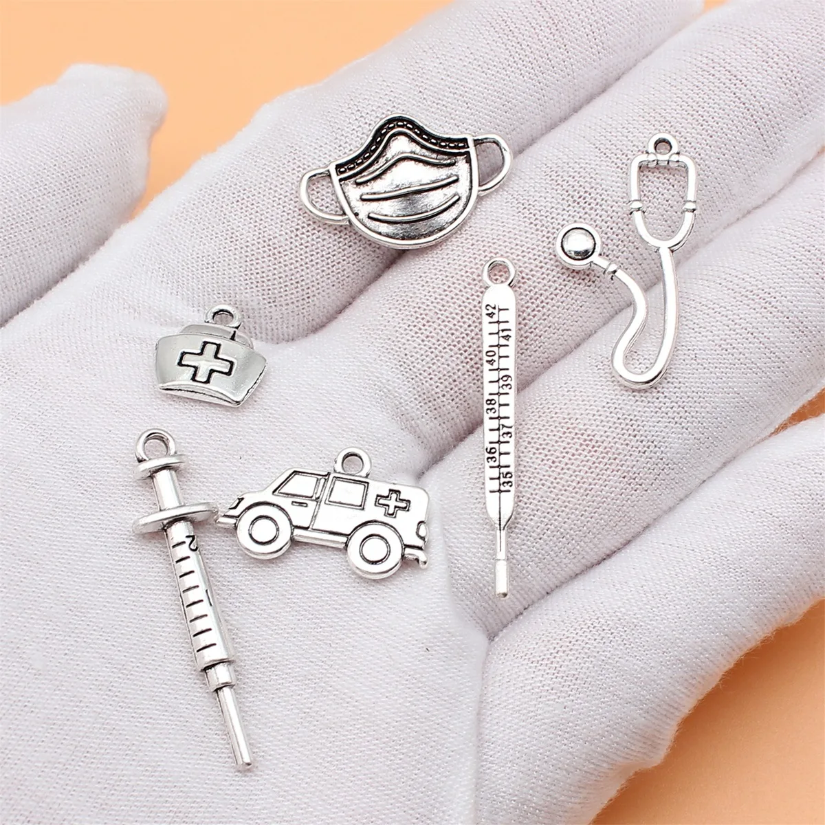 6pcs Medical Series Ambulance Medicine Kit Mask Syringe Thermometer Stethoscope Charms Collection, 6 Styles, 1 of Each