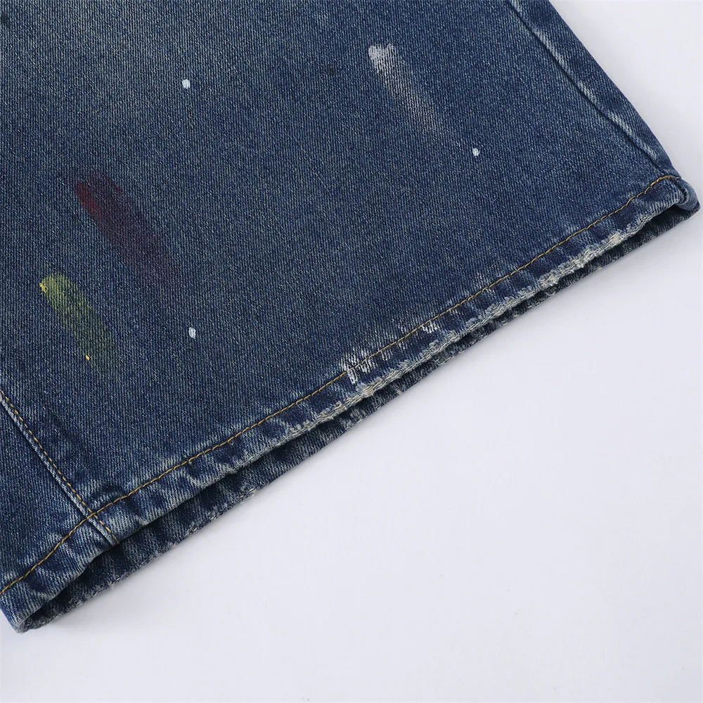 MWJLPWQ Hand-Painted Graffiti Paint-Splattered Denim Cropped Pants Men's Vintage Street Washed Distressed Straight Shorts 17218