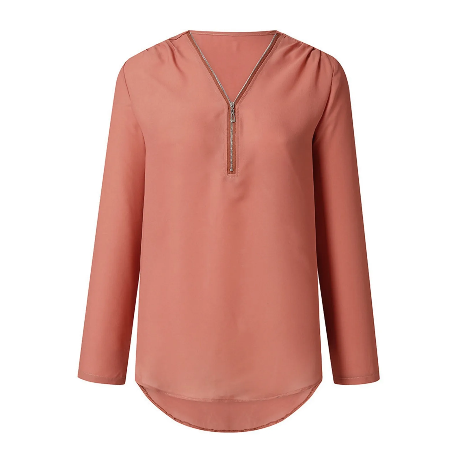 Women Long Sleeve Tunic Blouse Tops Spring Fall Chiffon Half Zipper V Neck T-Shirts Retro Elgance Loose Casaul Female Clothing