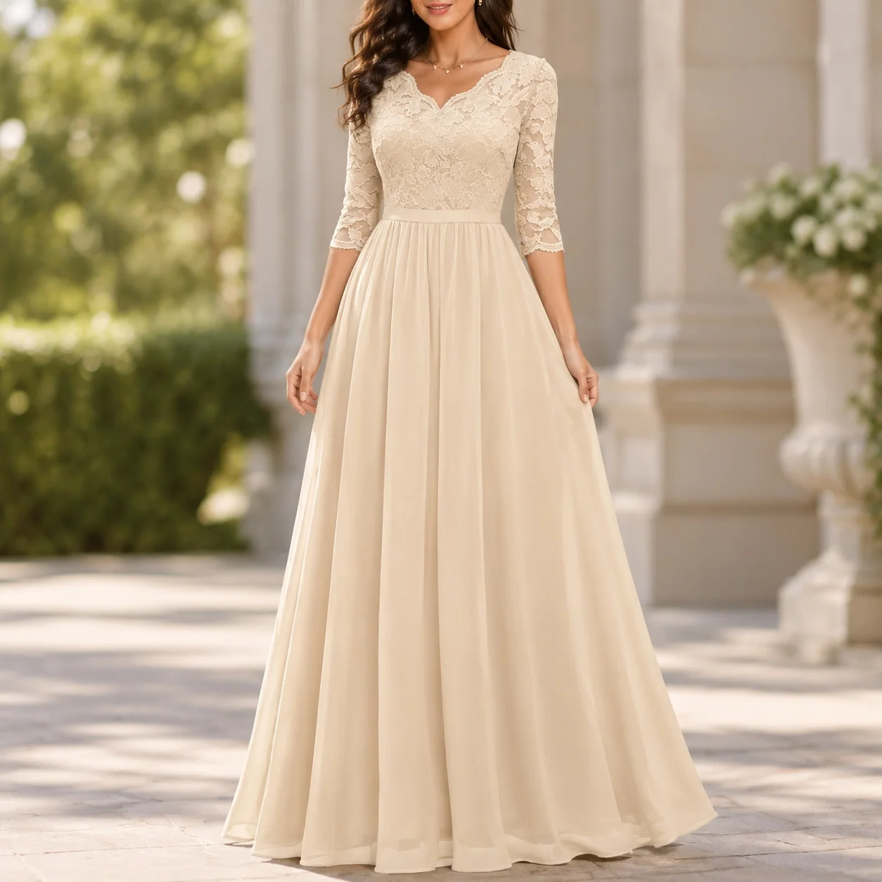 V Neck Applique Gown with a Line Silhouette Bodycon Fit Mid Rise Waist Women Casual Dresses Commuter Chic 7 8 Sleeve Slim Fit