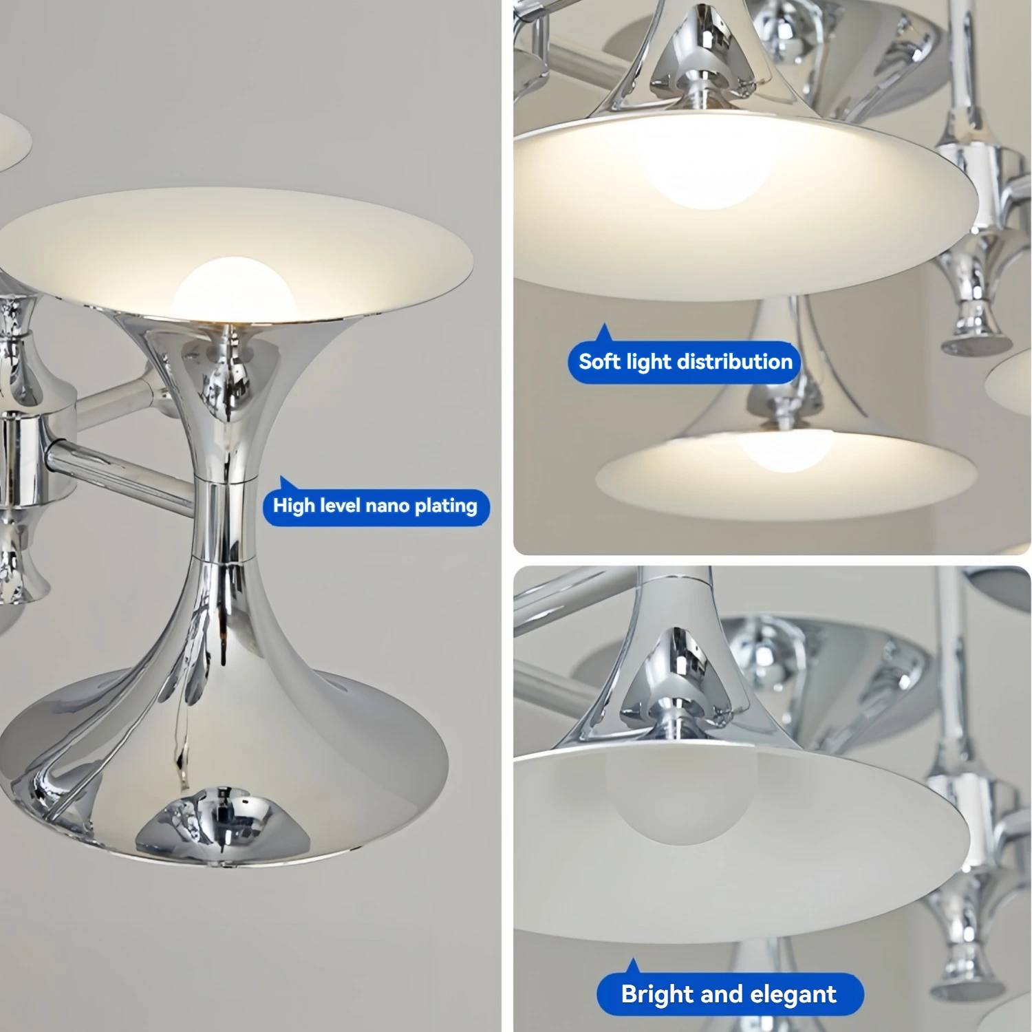 Bauhaus Chrome Dining Room Chandelier Modern Designer Silver Horn Pendant Light for Hotel Bar Counter Decor Ceiling Light
