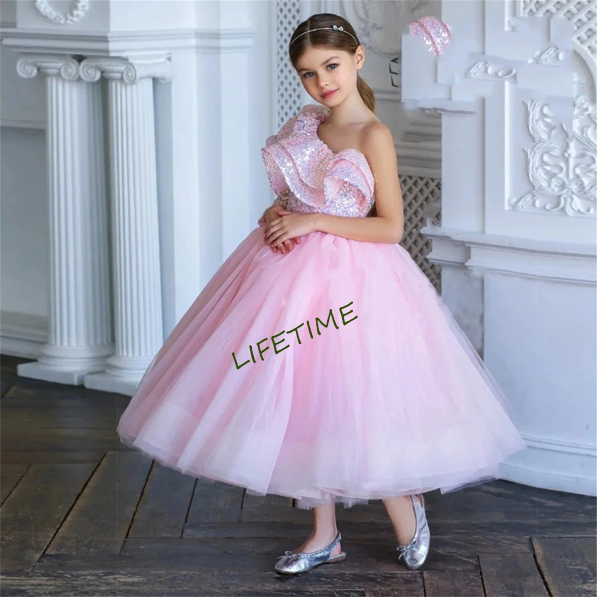 Scoop Full Sleeve Pink Flower Girls Dresses for Women A Line Soft Tulle Ankle Length Christmas Gowns with Sequined 2024 New