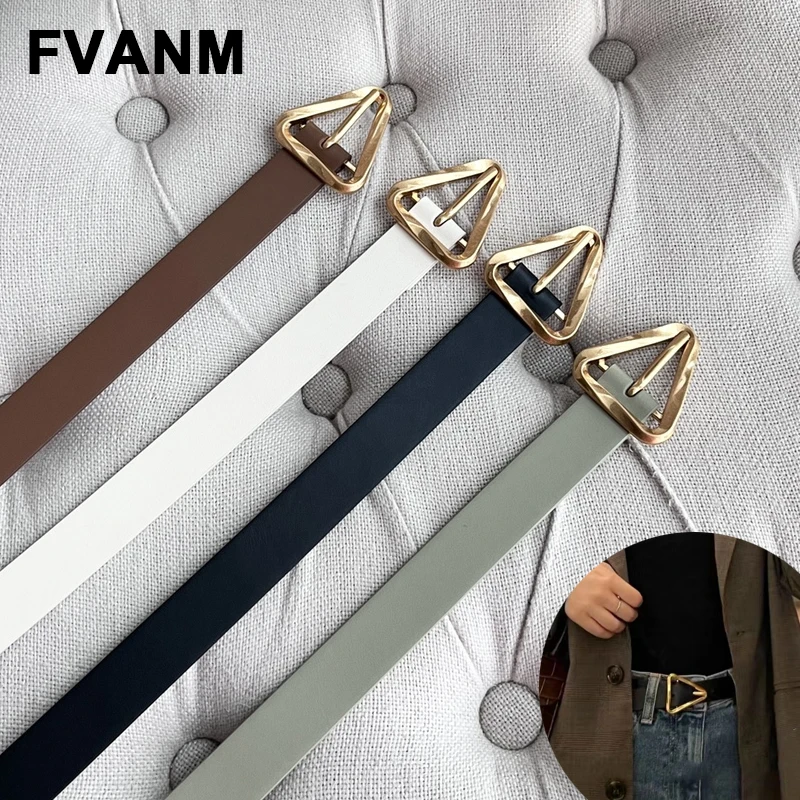 Genuine Leather Retro Golden Spiral Triangle Pin Buckle Design High-End Fashion All-Match Low-Key Ladies Belt 2024 Hot