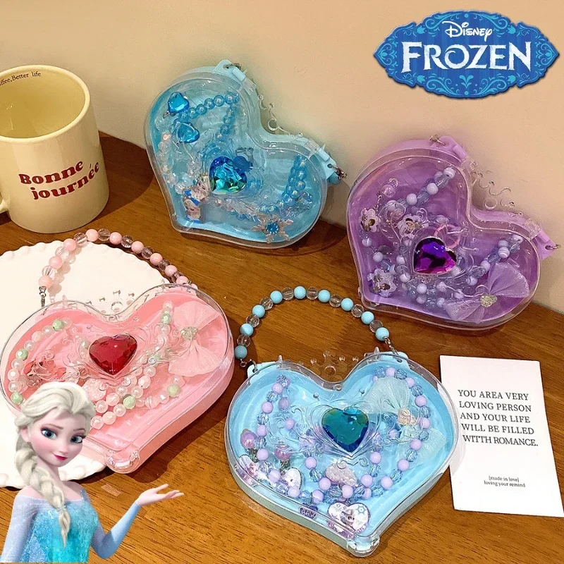 New Disney Elsa Beaded Necklace Bracelet Ring Set Anime Figure Frozen Anna Cute Girl Jewelry Princess Heart Shape Box Toys Gifts