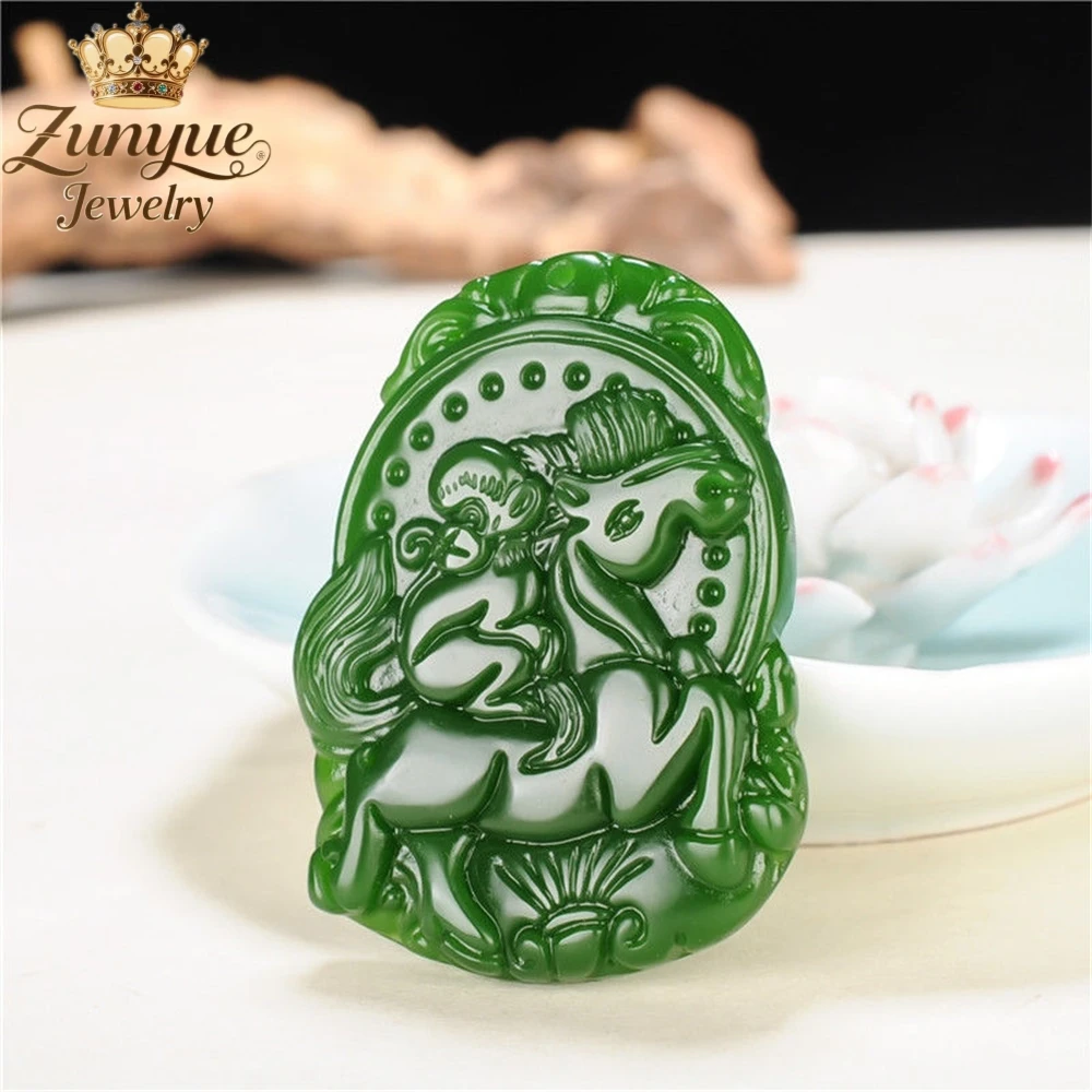 Natural Hetian Jade Spinach Green Monkey Riding Horseback Pendant Luxury Quality Jewelry Fashion Jewelry Exquisite Charms Gift