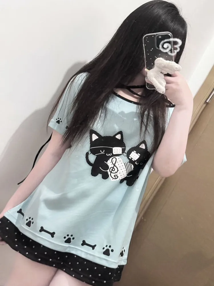 الأصلي البولكا نقطة الكرتون المطبوعة Kawaii قصيرة الأكمام أعلى الصيف 2025 الفتيات طالب Y2K فضفاض عارضة اليومية تي شيرت تيز