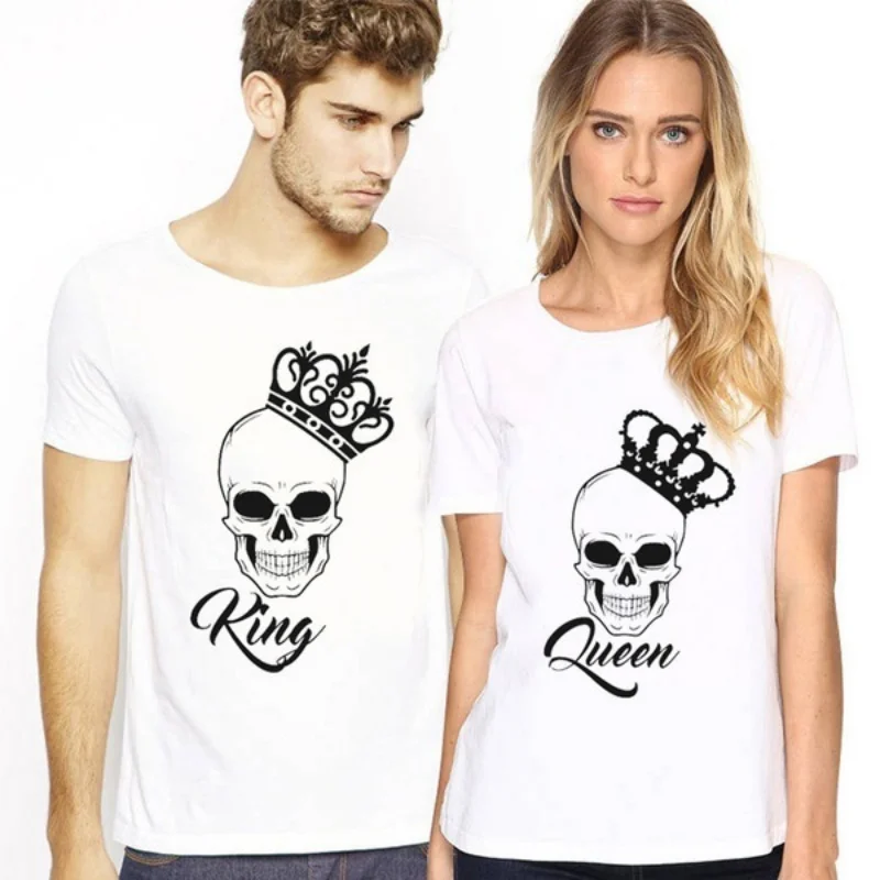 King Queen Skull Crown Print Couple T Shirt Short Sleeve O Neck Women Loose Tshirt Fashion Lovers Tee Shirt Tops Clothes