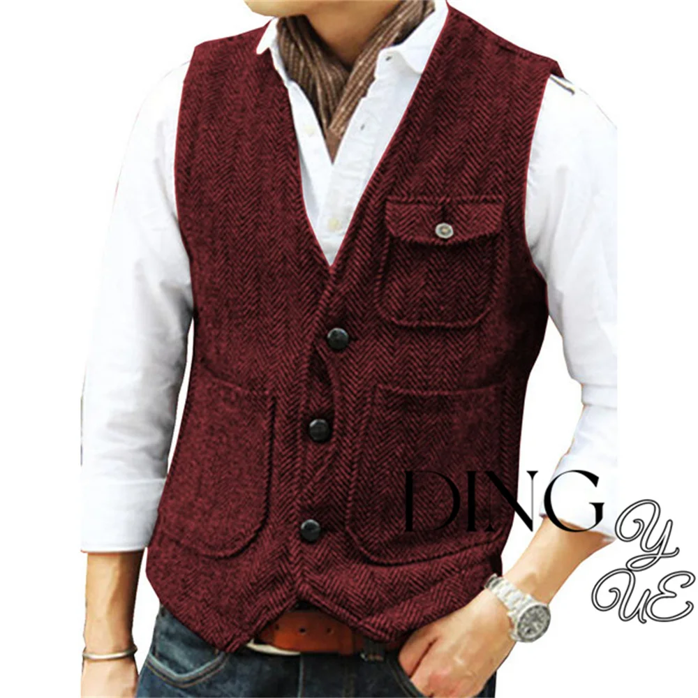 Herringbone Men\'s Suit Vest V Neck 3 buttons Woolen Mens Vests Waistcoat Jacket 3 Pockets Casual Formal Business chaleco hombre