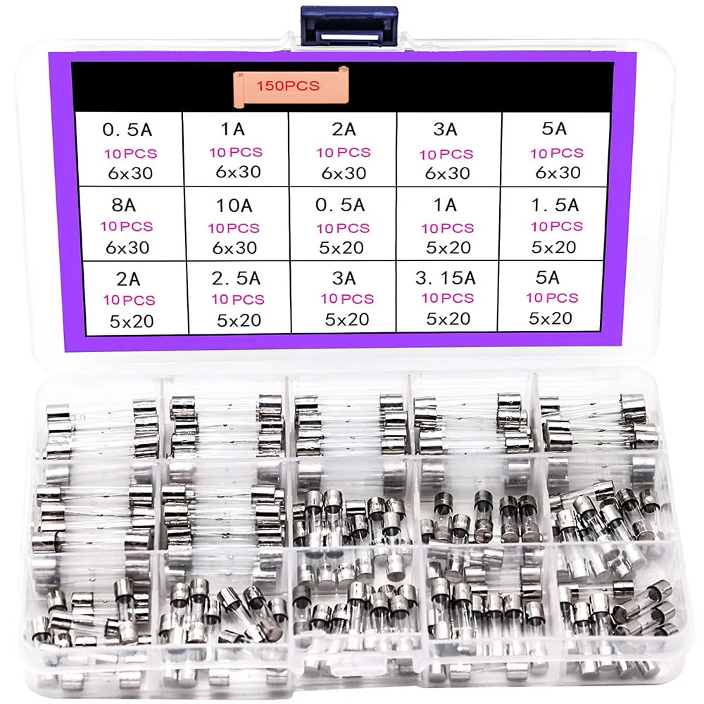 

150pcs 15 Values Fast Blow Glass Fuses Assortment Kit 6x30mm,5x20mm,250V 0.5A, 1A, 1.5A, 2A, 2.5A, 3A, 3.15A, 5A Household Fuses