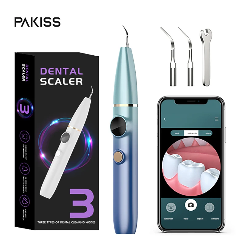 PAKISS Ultrasonic Tooth Cleaner Tartar Plaque Remover  with LED 3 Adjustable Modes 2 Replaceable Clean Heads Safe FY-B700